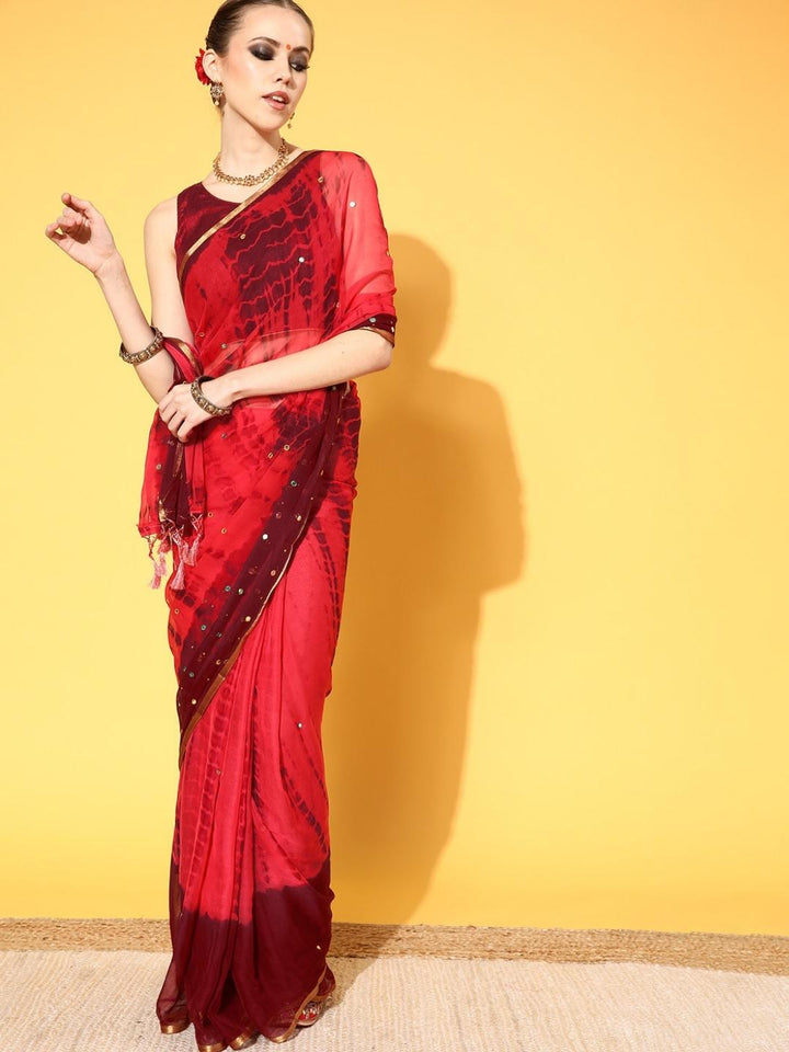 Coral Tie & Die Jaipuri Printed Mirror Work Embellished Chiffon Saree