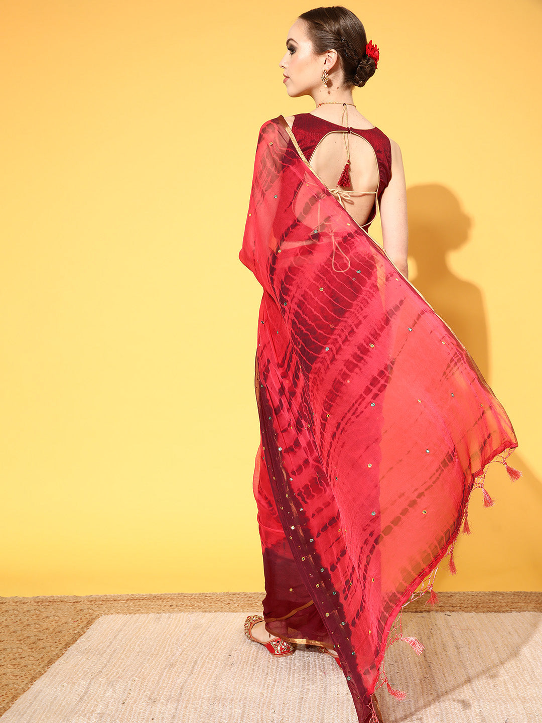Coral Tie & Die Jaipuri Printed Mirror Work Embellished Chiffon Saree
