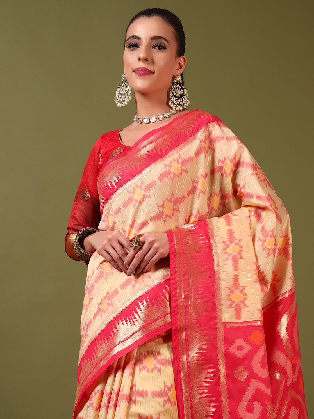 Ikat Pochampally Silk Saree with Meenakari Weaving & Contrast Temple Border