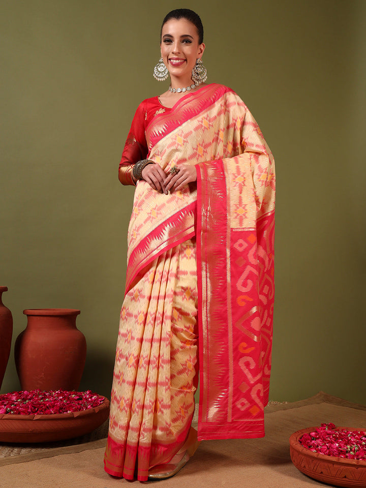 Ikat Pochampally Silk Saree with Meenakari Weaving & Contrast Temple Border