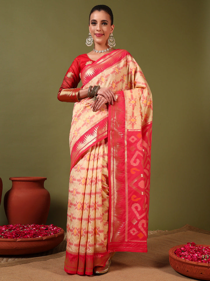 Ikat Pochampally Silk Saree with Meenakari Weaving & Contrast Temple Border