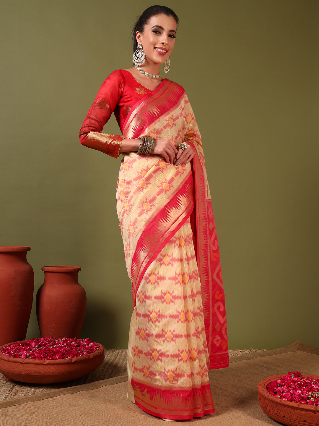 Ikat Pochampally Silk Saree with Meenakari Weaving & Contrast Temple Border