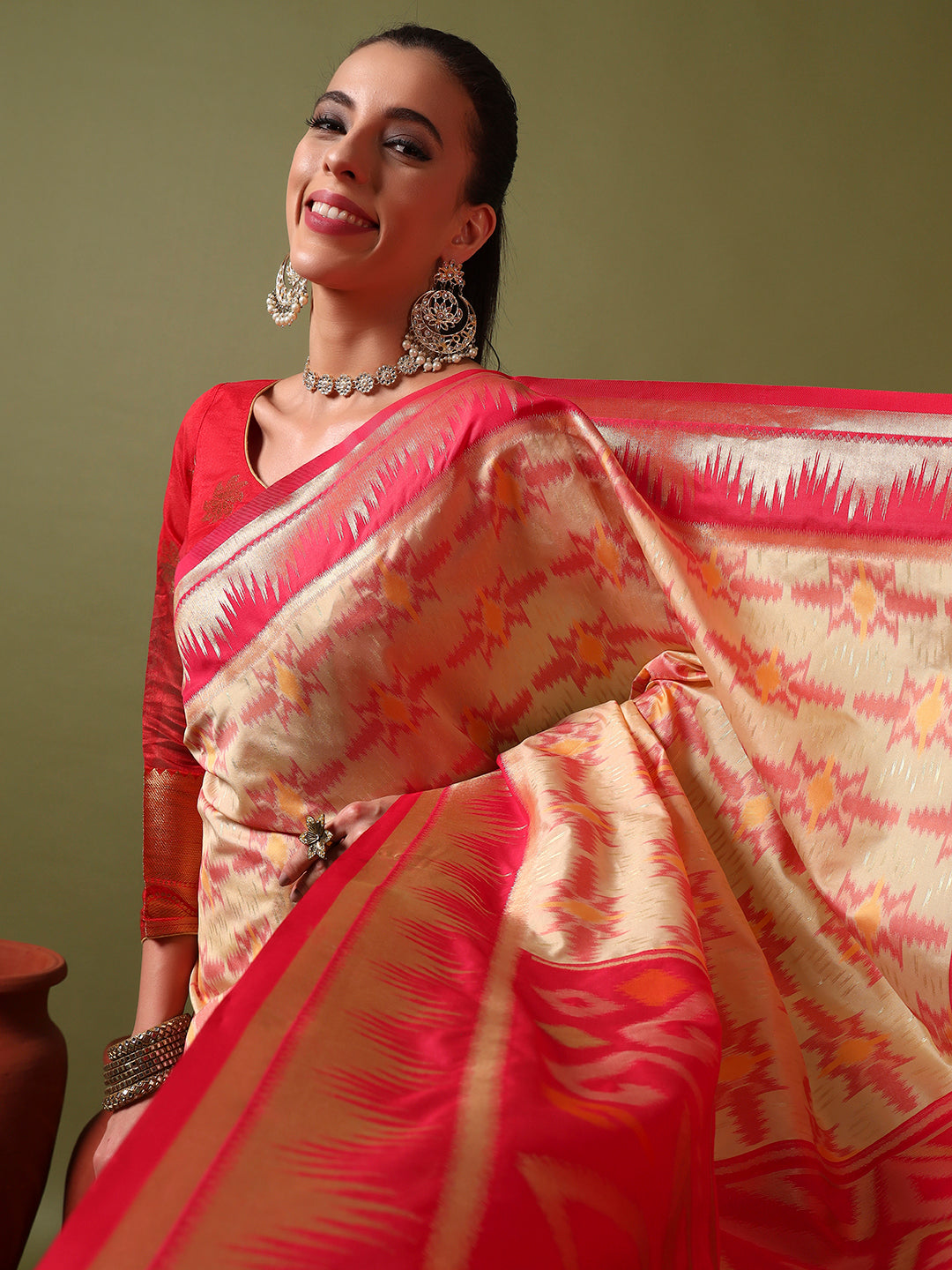 Ikat Pochampally Silk Saree with Meenakari Weaving & Contrast Temple Border