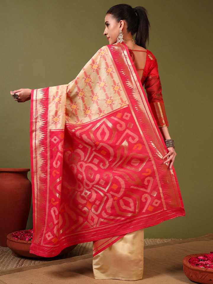 Ikat Pochampally Silk Saree with Meenakari Weaving & Contrast Temple Border
