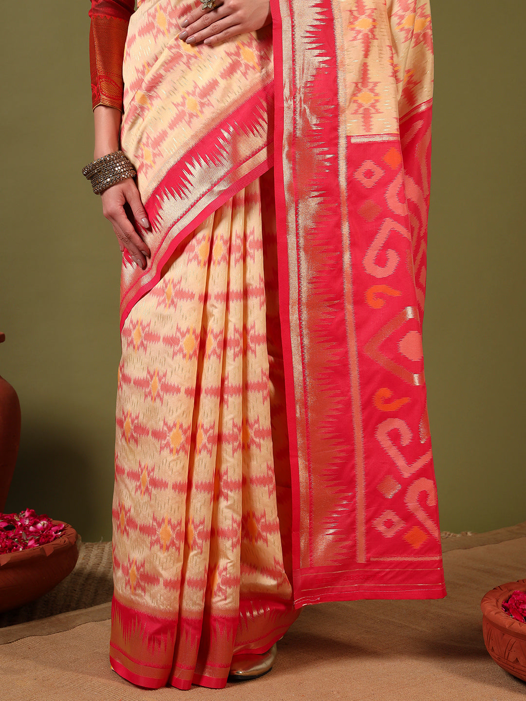 Ikat Pochampally Silk Saree with Meenakari Weaving & Contrast Temple Border