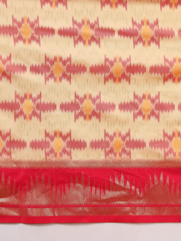 Ikat Pochampally Silk Saree with Meenakari Weaving & Contrast Temple Border