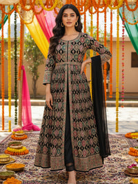 Indo-western Front-Slit Anarkali Suit Set with Multicolor Resham Zari Embroidery