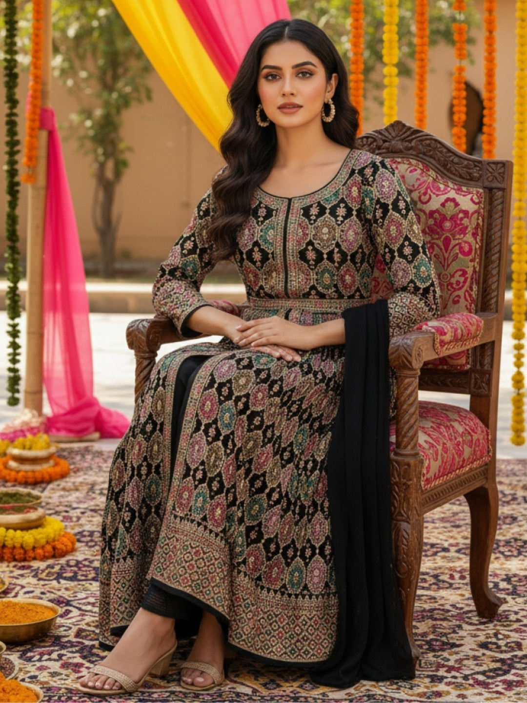 Indo-western Front-Slit Anarkali Suit Set with Multicolor Resham Zari Embroidery
