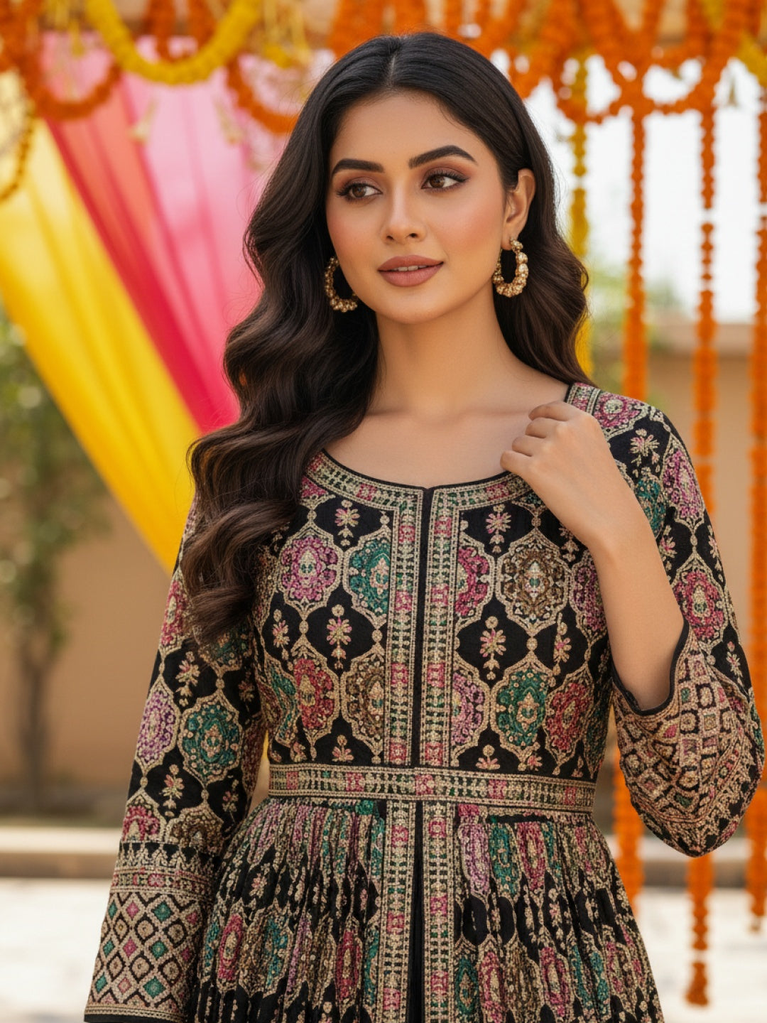 Indo-western Front-Slit Anarkali Suit Set with Multicolor Resham Zari Embroidery