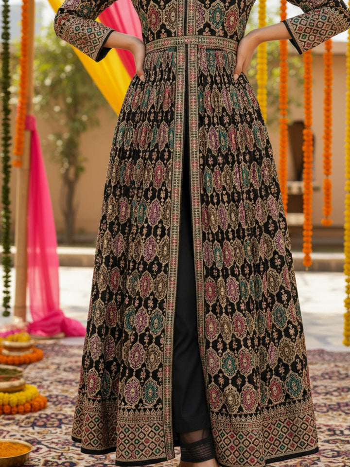 Indo-western Front-Slit Anarkali Suit Set with Multicolor Resham Zari Embroidery