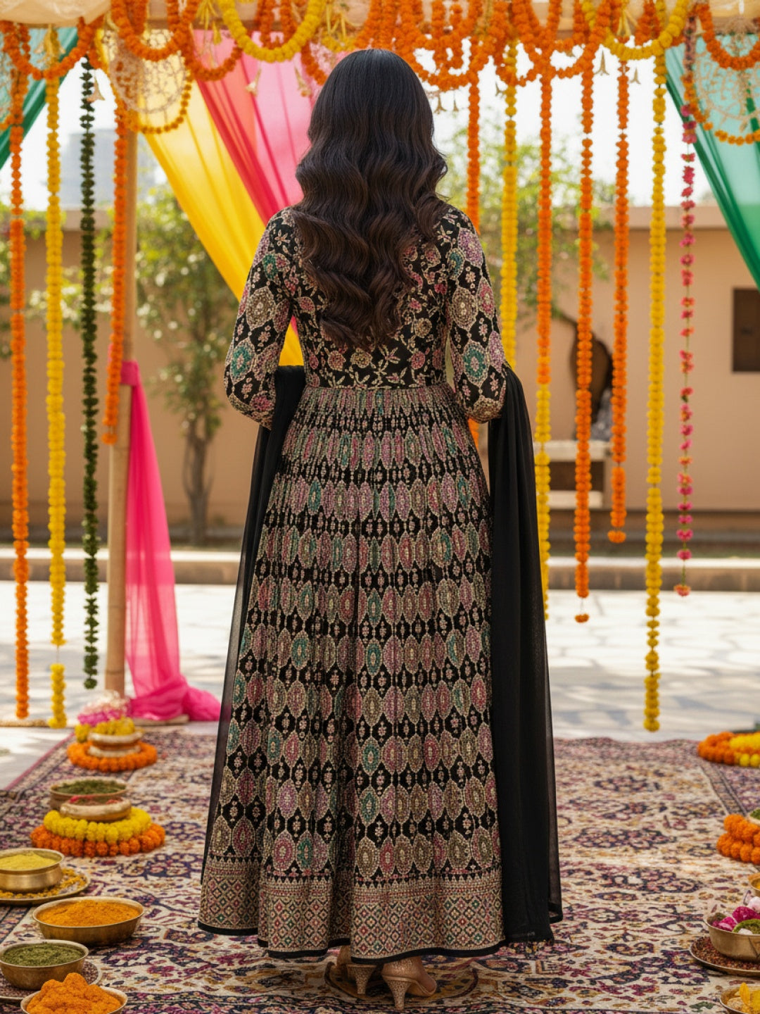Indo-western Front-Slit Anarkali Suit Set with Multicolor Resham Zari Embroidery