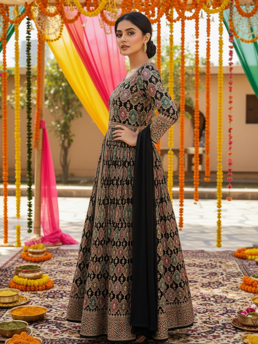 Indo-western Front-Slit Anarkali Suit Set with Multicolor Resham Zari Embroidery
