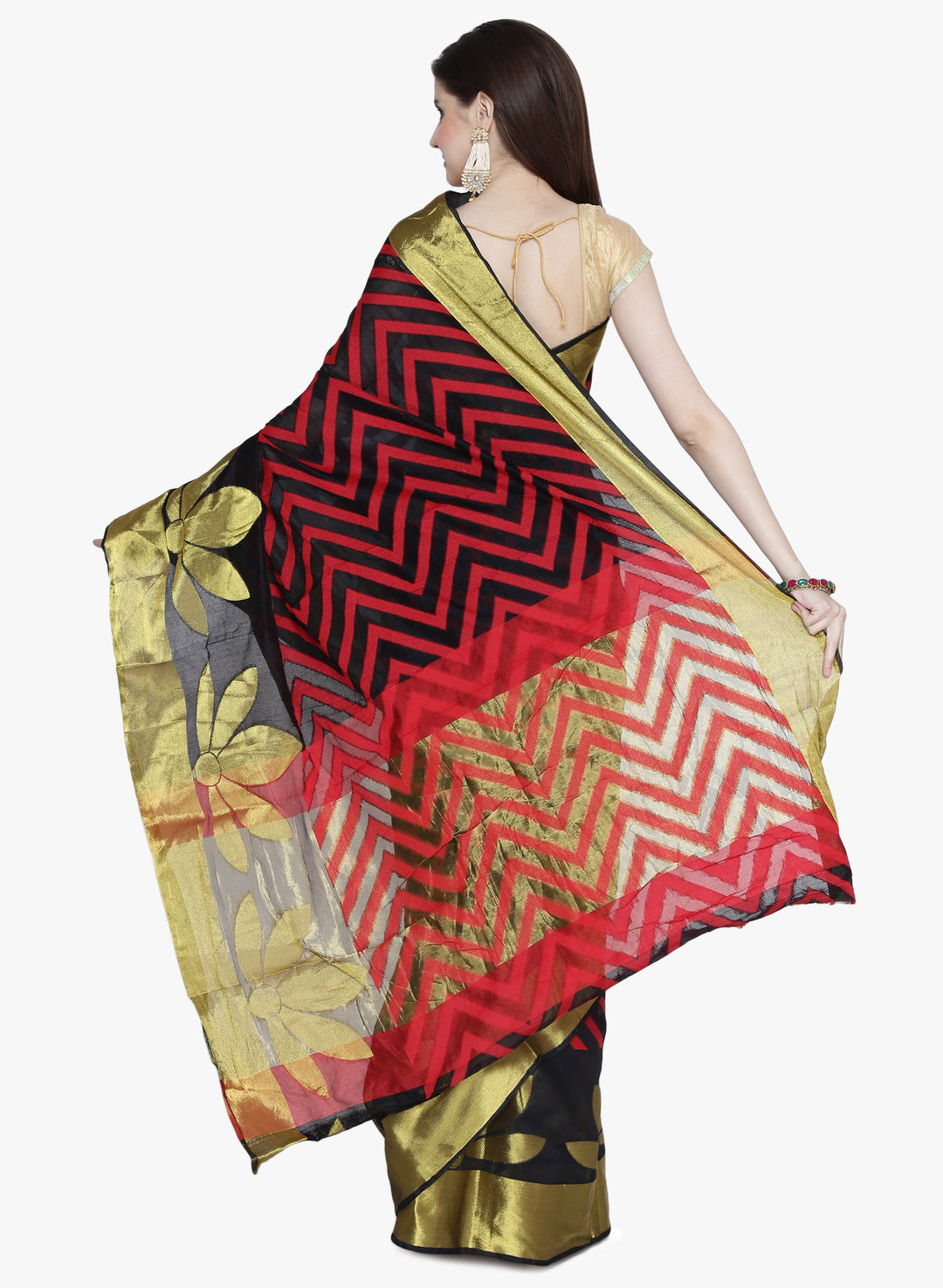 Black & Red  Colored Floral Design Art Silk Saree.