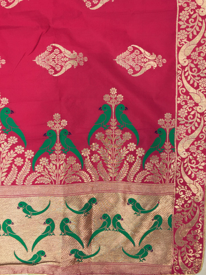 Blue & Magenta Peacock Design Embroidered Banarasi Silk Lehenga Choli & Dupatta