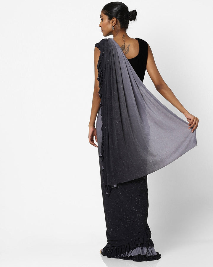 Made to Measure Grey Black rufled ombre saree & Ethnic Embroidered Valvet Blouse
