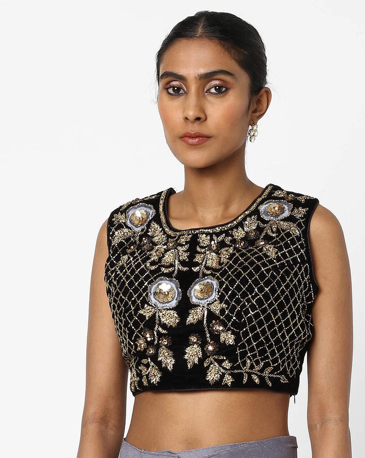 Made to Measure Grey Black rufled ombre saree & Ethnic Embroidered Valvet Blouse