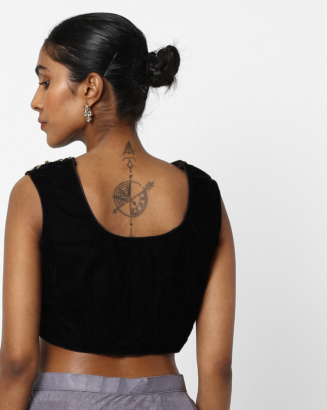 Made to Measure Grey Black rufled ombre saree & Ethnic Embroidered Valvet Blouse