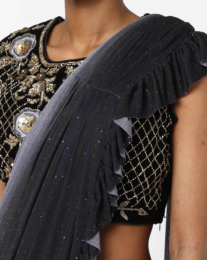 Made to Measure Grey Black rufled ombre saree & Ethnic Embroidered Valvet Blouse