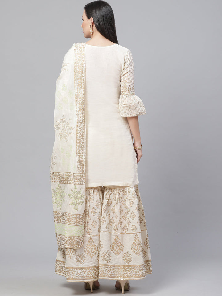 Pure Cotton Cambric Block Printing Stitched Suit with Gotta-Patti Embroidery & Sharara