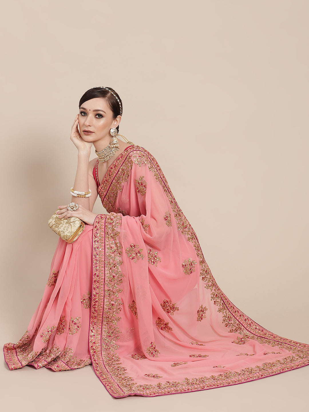 Pink Resham & Zari Embroidered Georgette Saree Crystals Embellished