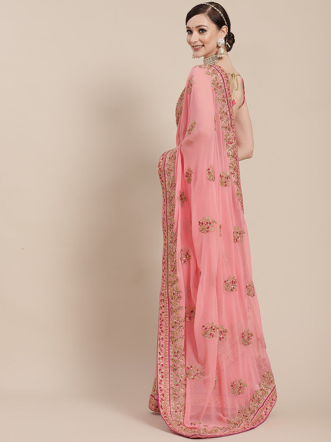 Pink Resham & Zari Embroidered Georgette Saree Crystals Embellished