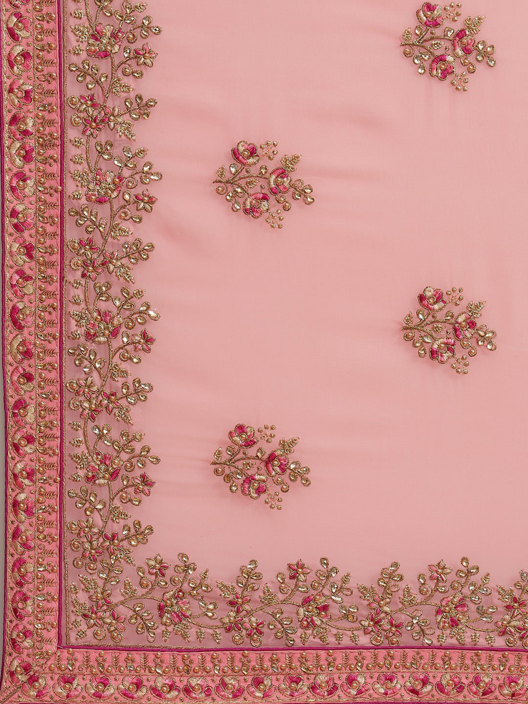 Pink Resham & Zari Embroidered Georgette Stone Work Embellished Saree