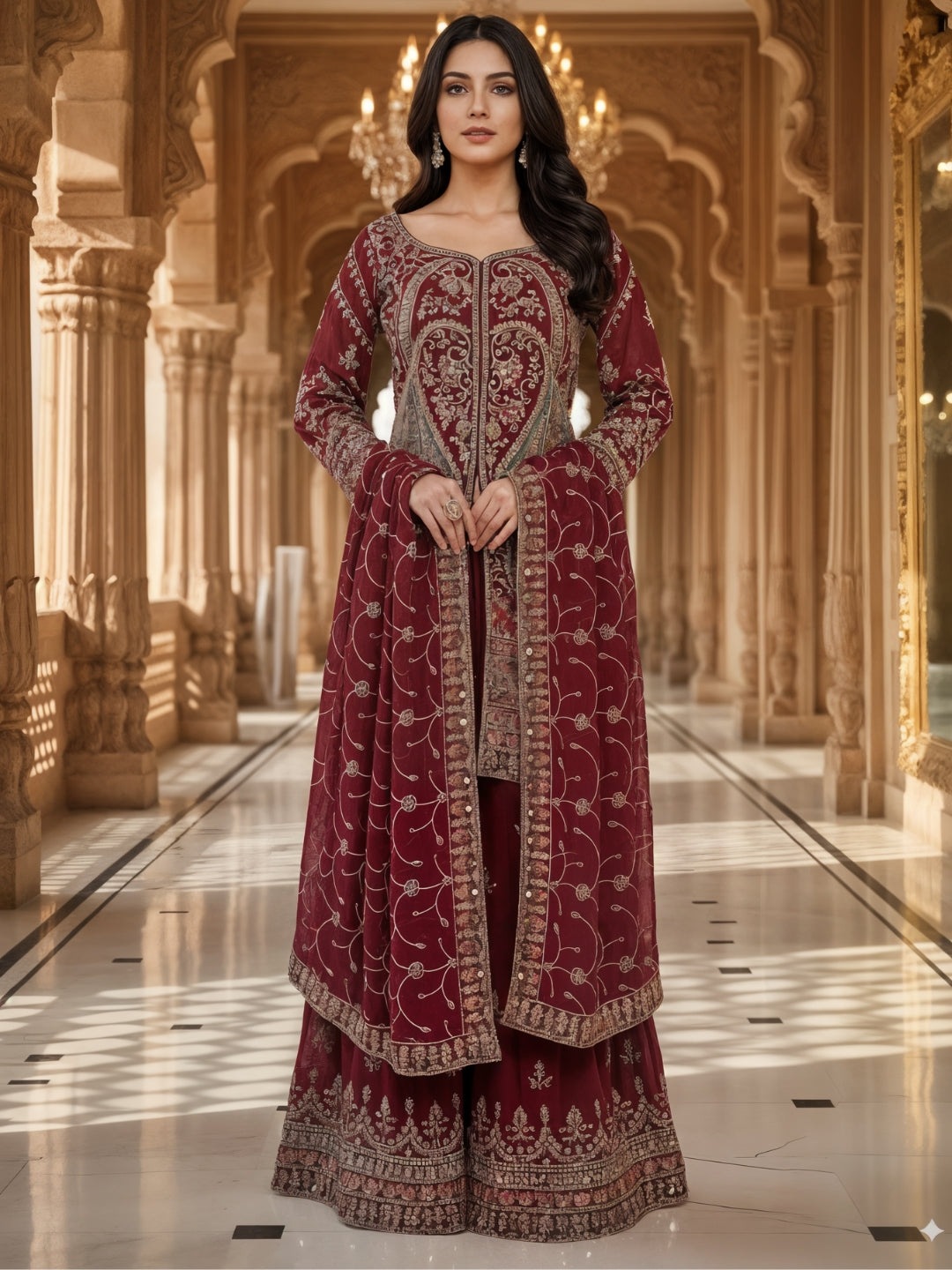 Dori Embroidered Kurta Palazzo Set with Multicolor Resham & Mirror Work & Jaal Dupatta
