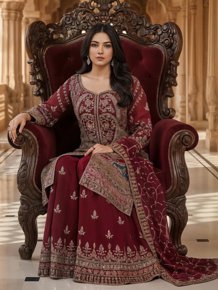 Dori Embroidered Kurta Palazzo Set with Multicolor Resham & Mirror Work & Jaal Dupatta