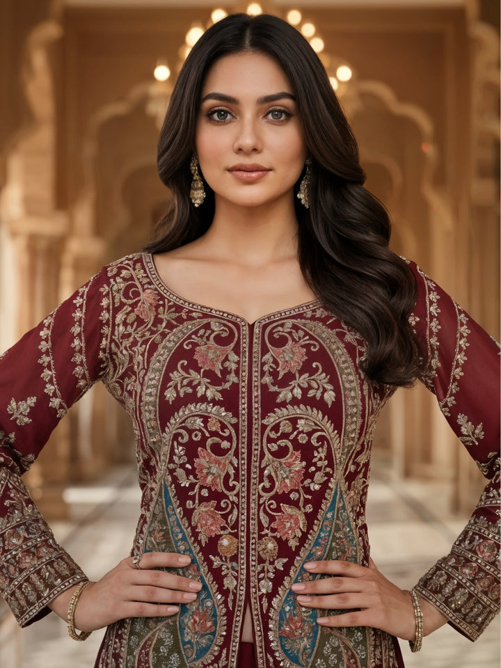 Dori Embroidered Kurta Palazzo Set with Multicolor Resham & Mirror Work & Jaal Dupatta