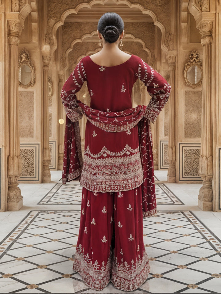 Dori Embroidered Kurta Palazzo Set with Multicolor Resham & Mirror Work & Jaal Dupatta