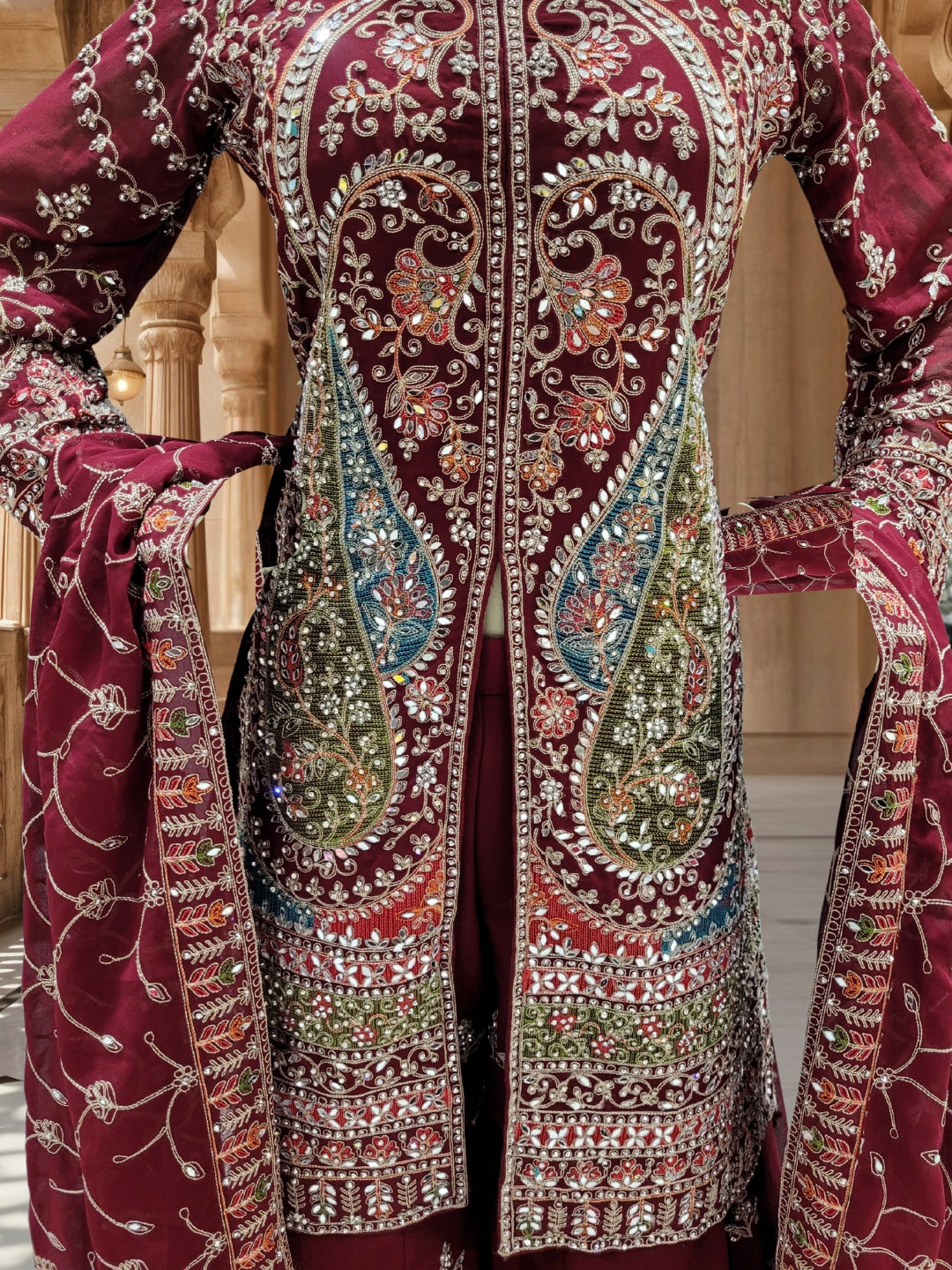 Dori Embroidered Kurta Palazzo Set with Multicolor Resham & Mirror Work & Jaal Dupatta
