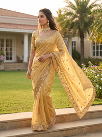 Golden Yellow Sequin Embroidered Silk Saree with Zari Border and Blouse Piece