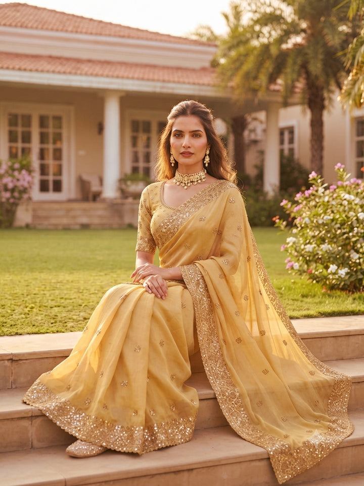 Golden Yellow Sequin Embroidered Silk Saree with Zari Border and Blouse Piece