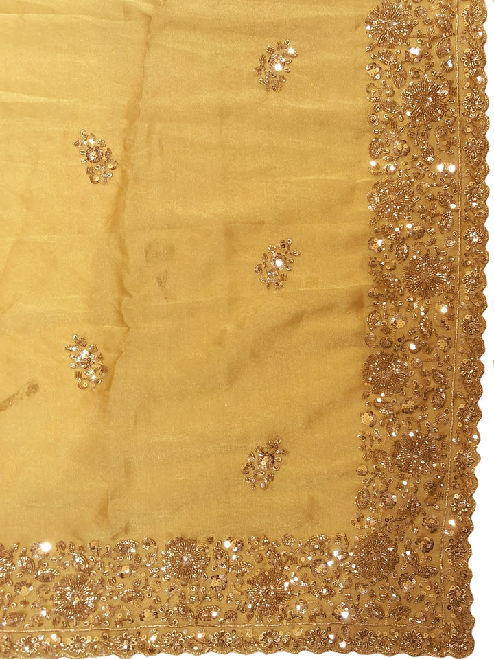 Golden Yellow Sequin Embroidered Silk Saree with Zari Border and Blouse Piece
