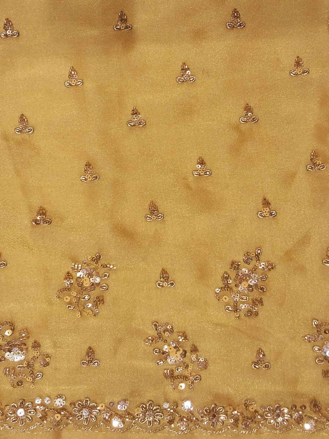 Golden Yellow Sequin Embroidered Silk Saree with Zari Border and Blouse Piece