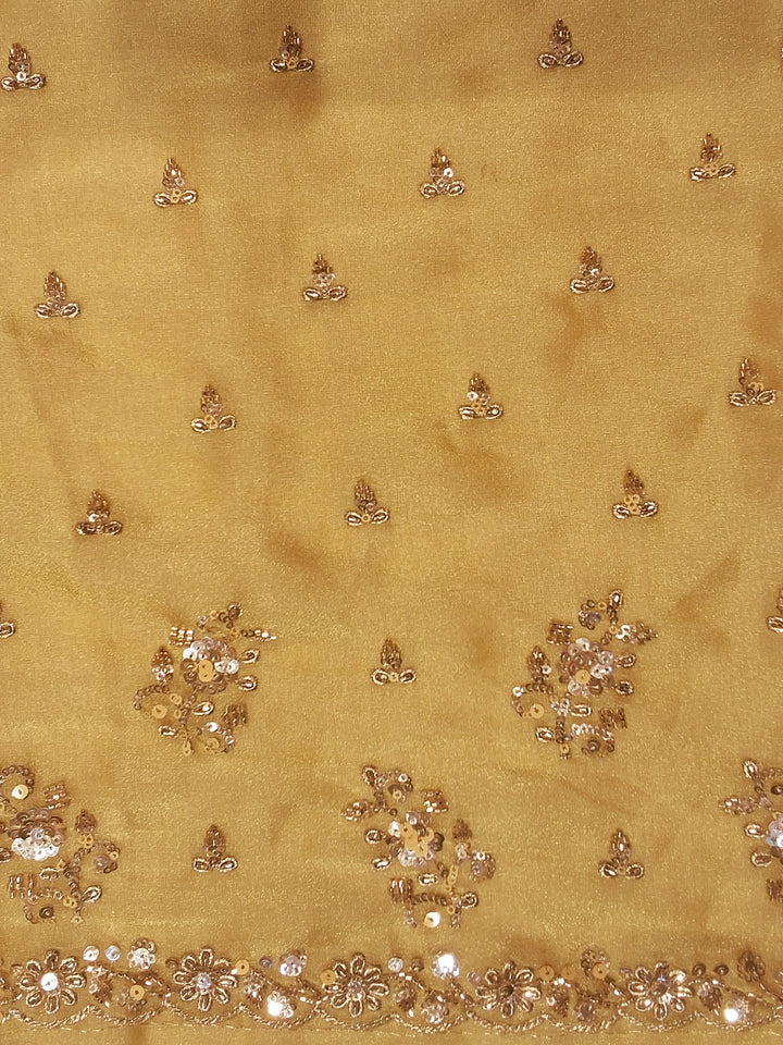 Golden Yellow Sequin Embroidered Silk Saree with Zari Border and Blouse Piece
