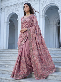 Pink Georgette Saree with Paisley Zari & Sequin Border and Blouse Piece