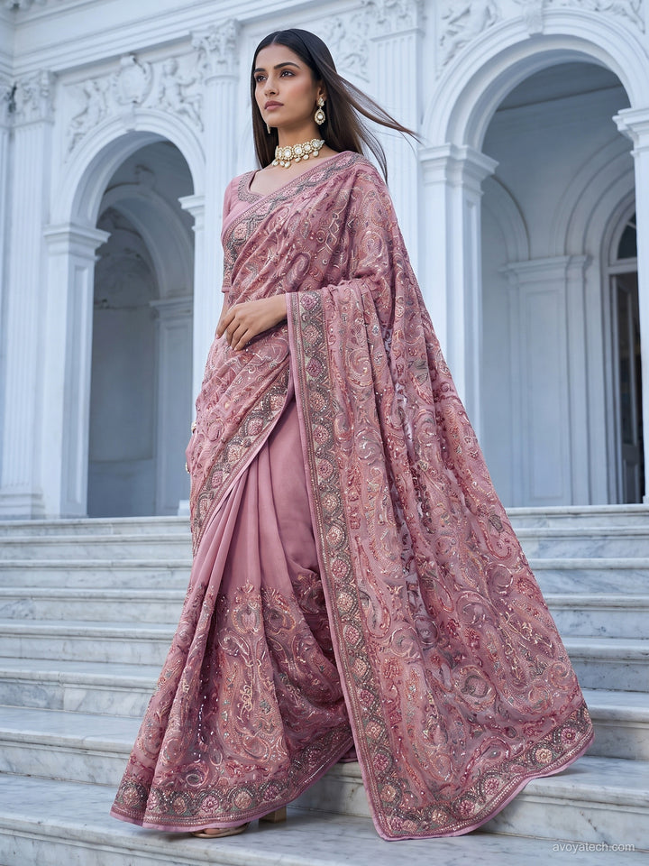 Pink Georgette Saree with Paisley Zari & Sequin Border and Blouse Piece