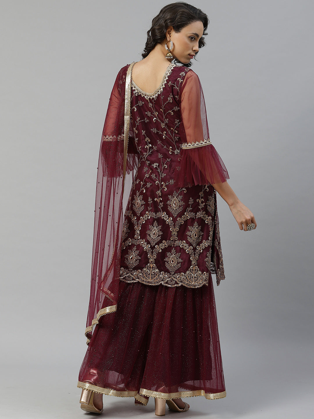 Made to Measure Gold Zari Embroidery Kurta Sharara Set with Net Dupatta & Bell Sleeves
