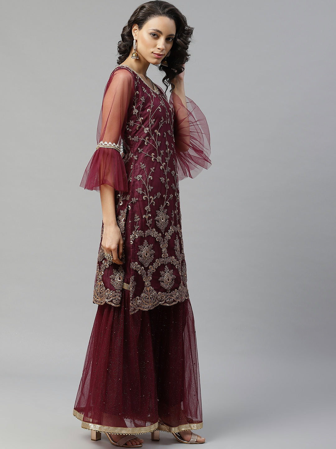Made to Measure Gold Zari Embroidery Kurta Sharara Set with Net Dupatta & Bell Sleeves