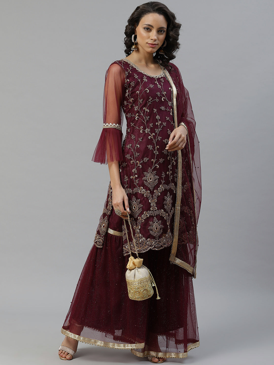 Made to Measure Gold Zari Embroidery Kurta Sharara Set with Net Dupatta & Bell Sleeves