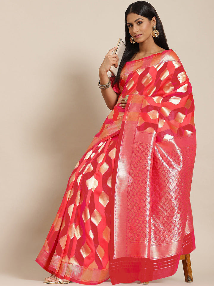 Red Striped Pattern Silk Blend Banarasi Woven Saree