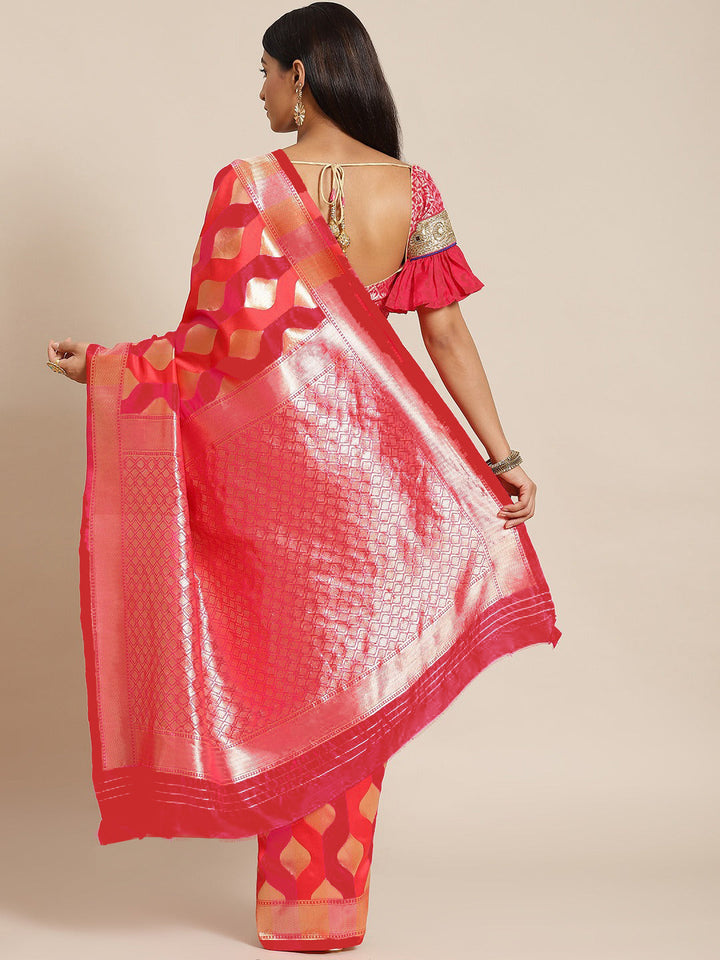 Red Striped Banarasi Silk Saree with Intricately Zari Woven border