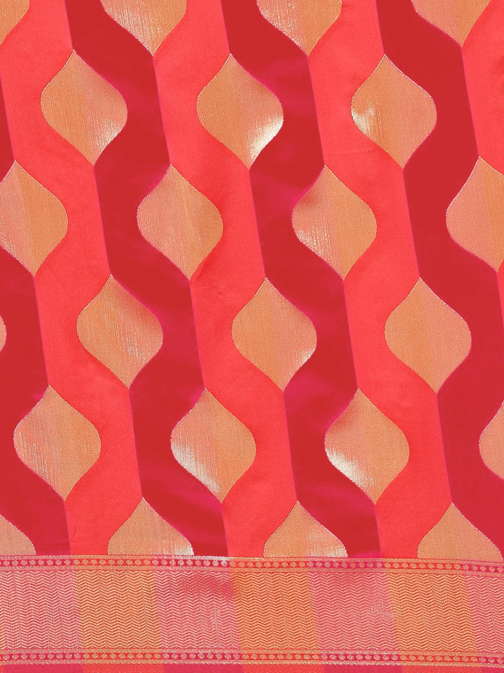 Red Striped Pattern Silk Blend Banarasi Woven Saree