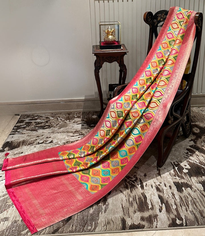 Bright Red and Gold Silk Saree with Vibrant Design