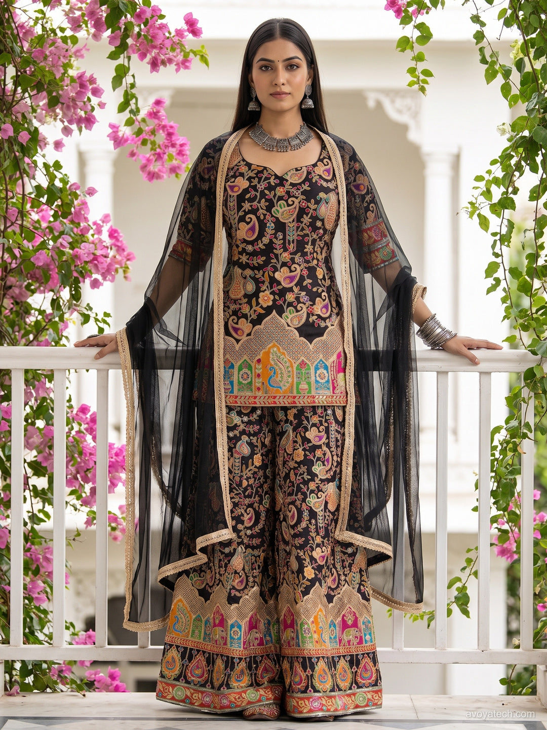Black Multicolor Embroidered Sharara Suit with Net Dupatta