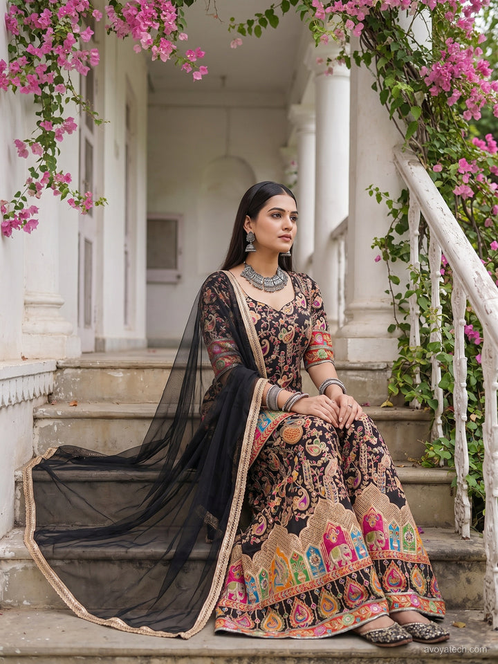Black Multicolor Embroidered Sharara Suit with Net Dupatta