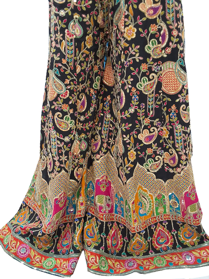 Black Multicolor Embroidered Sharara Suit with Net Dupatta