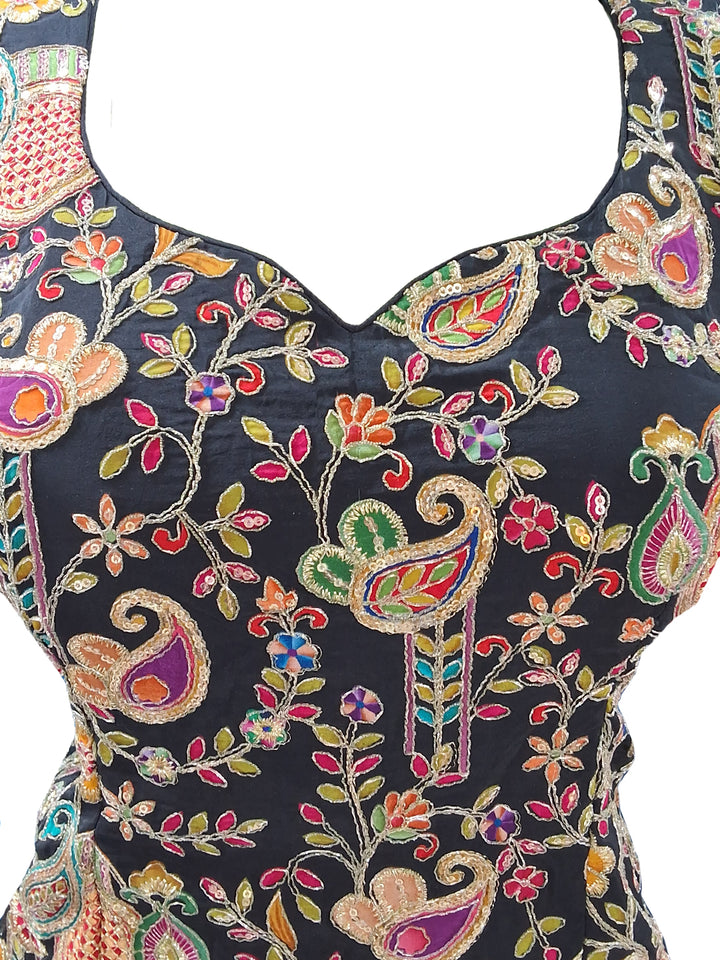 Black Multicolor Embroidered Sharara Suit with Net Dupatta