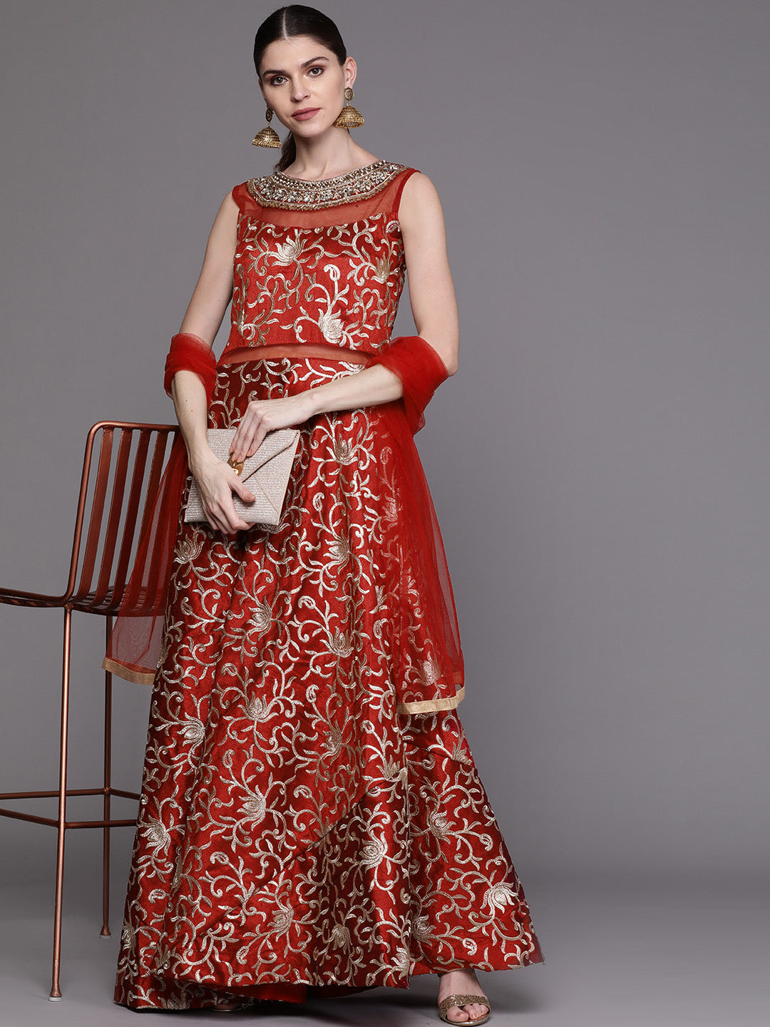 Anarkali Cocktail Gown with Embellished Neckline and Kasab Embroidery